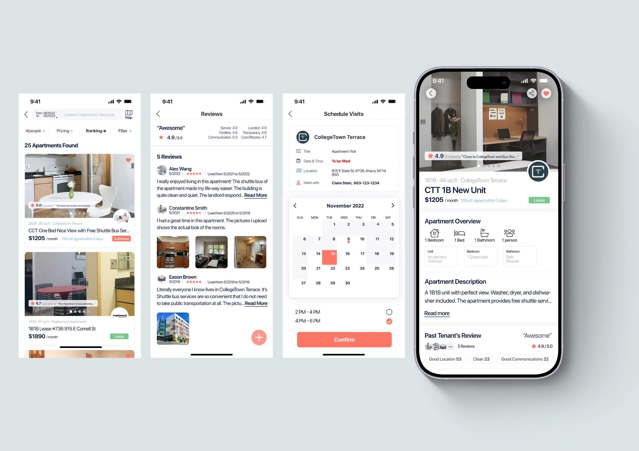Apartment Hunting at Cornell mockup showing apartment search, reviews, visit scheduling, and apartment details