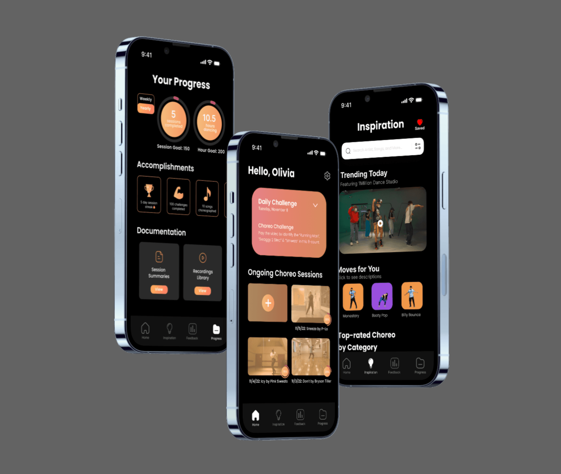 Three ChoreoScope mobile app screens for choreography inspiration, documentation, and progress tracking