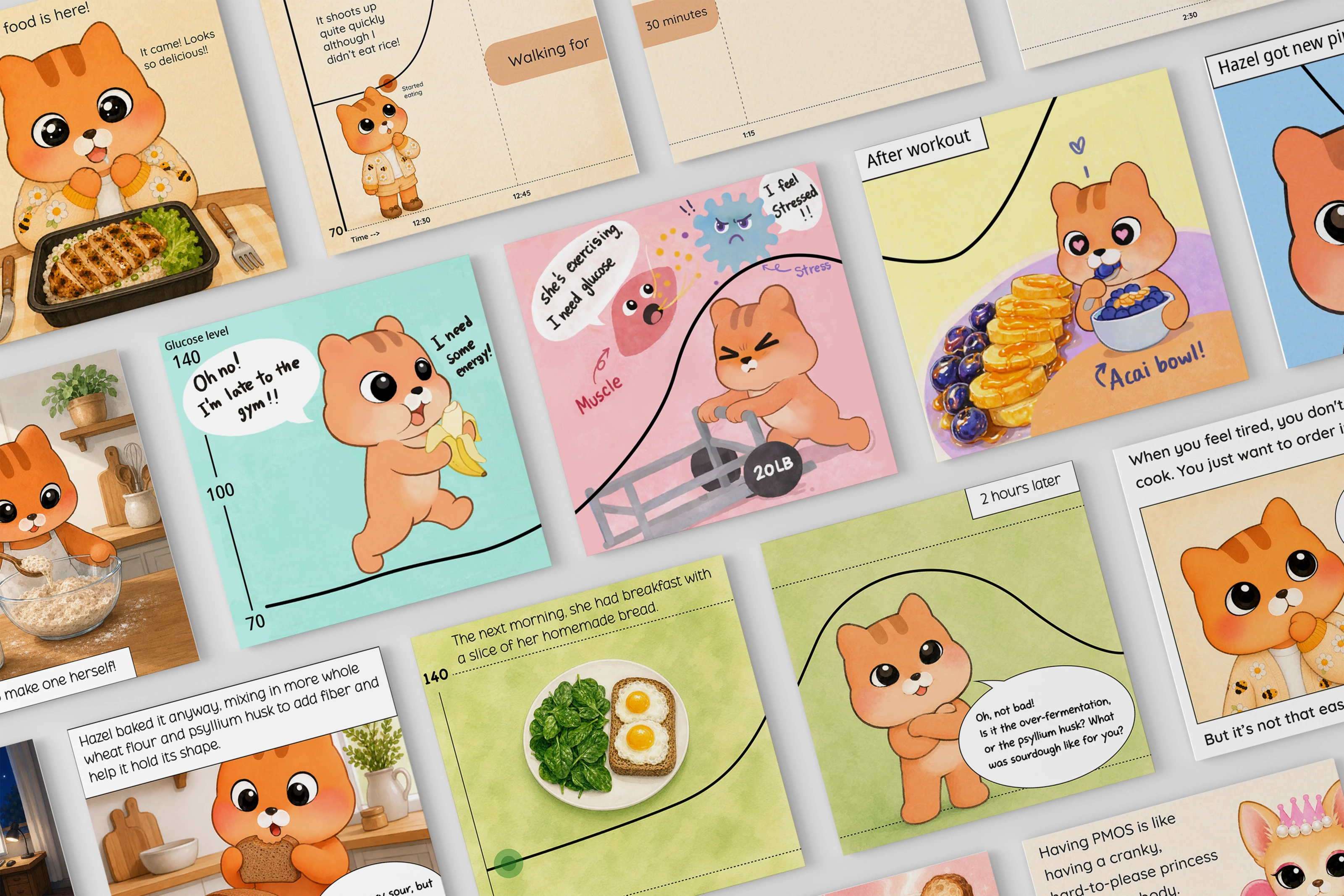 Collage of PMOS.Comics episodes combining Hazel's lived experiences with glucose data