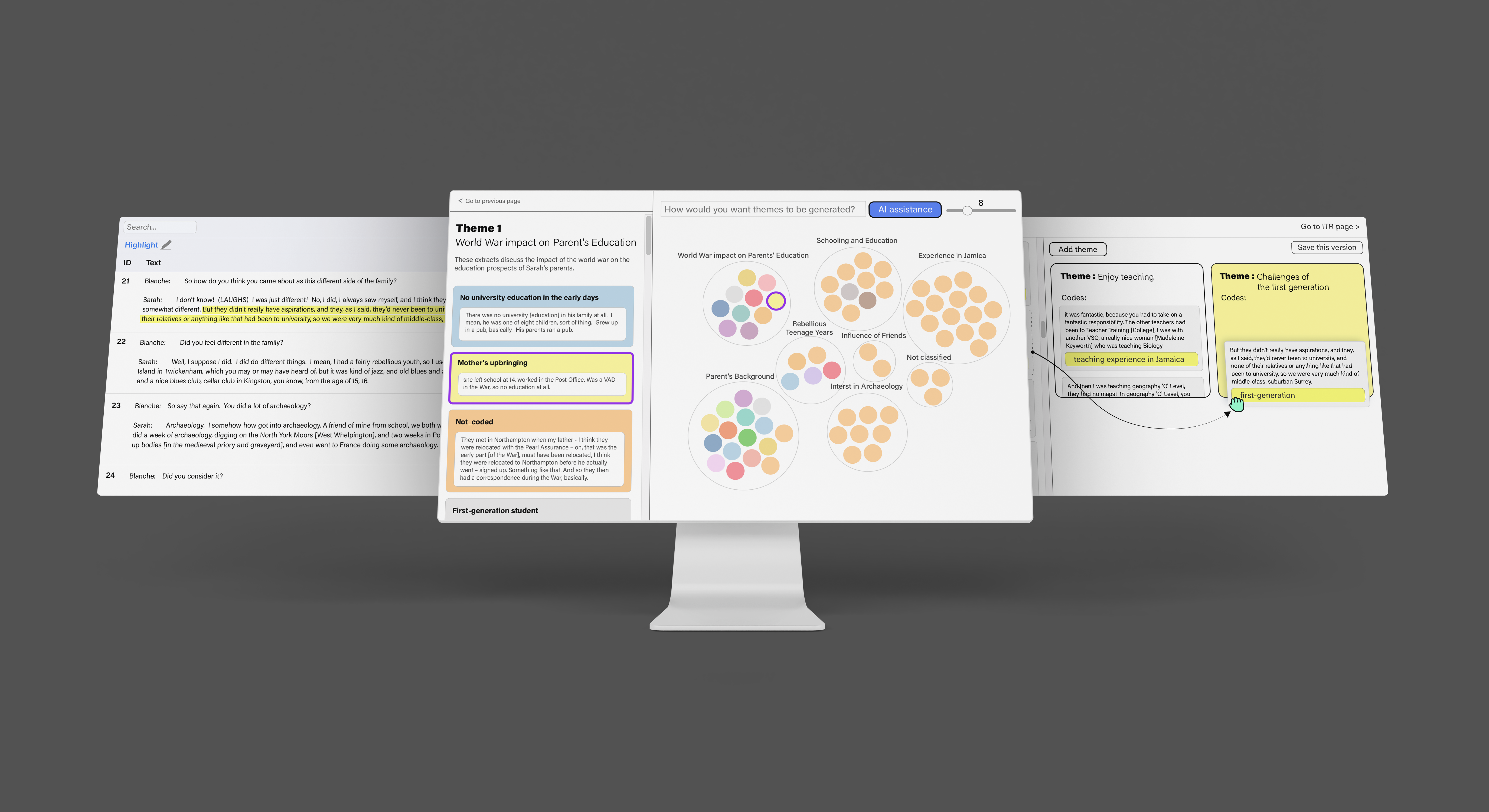 ThemeViz interface shown across three connected displays